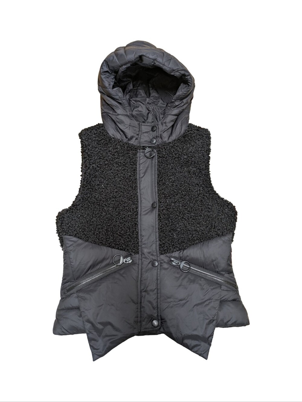 Kyodan Hooded Contrast Sleeveless Vest - Black - Faux Shearling Asymmetrical